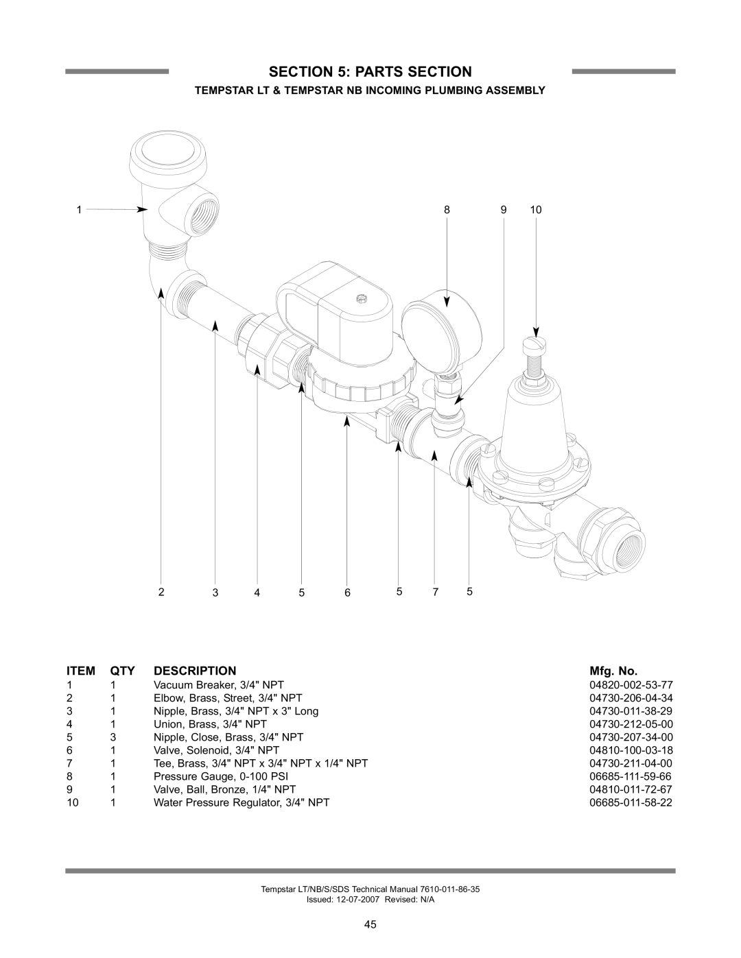 Jackson Tempstar Series technical manual Tempstar LT & Tempstar NB Incoming Plumbing Assembly 