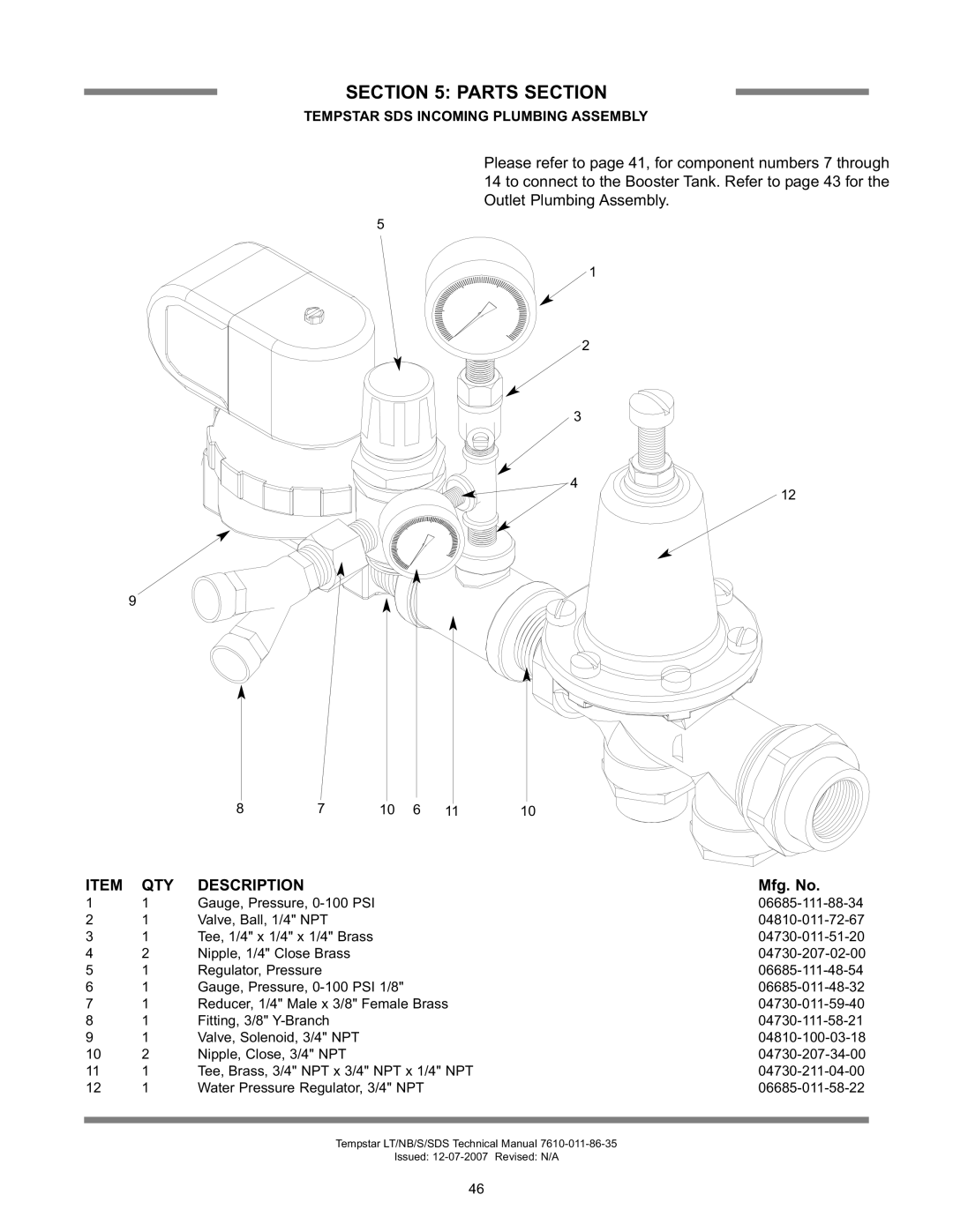 Jackson Tempstar Series technical manual Tempstar SDS Incoming Plumbing Assembly 