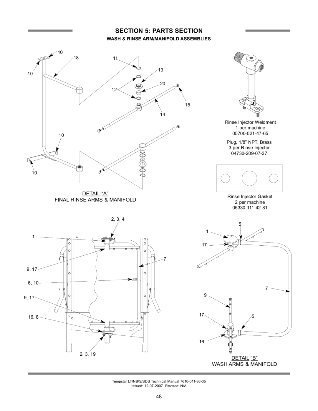 Jackson Tempstar Series technical manual Wash & Rinse ARM/MANIFOLD Assemblies, 1811 