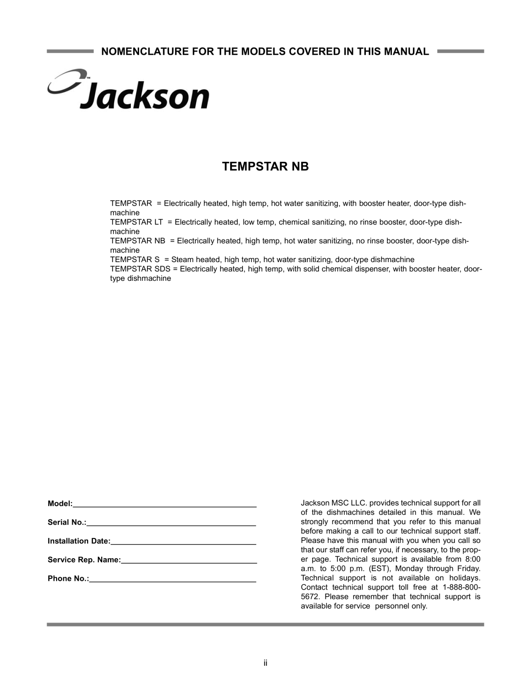 Jackson Tempstar Series technical manual Tempstar NB 