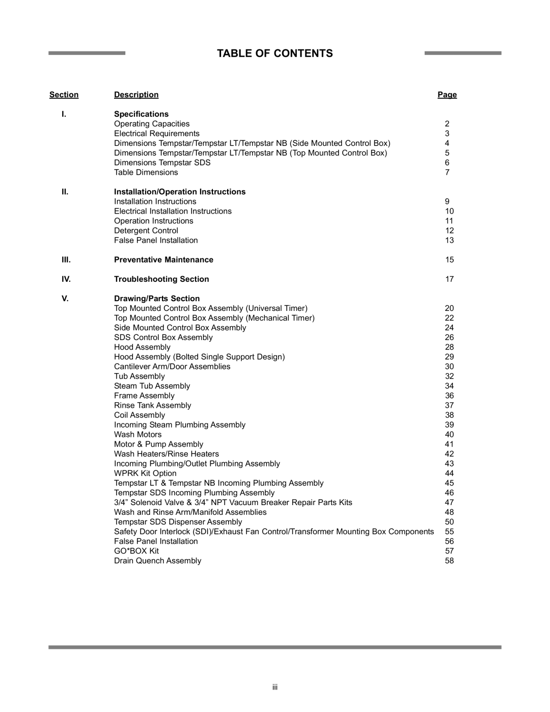 Jackson Tempstar Series technical manual Table of Contents 