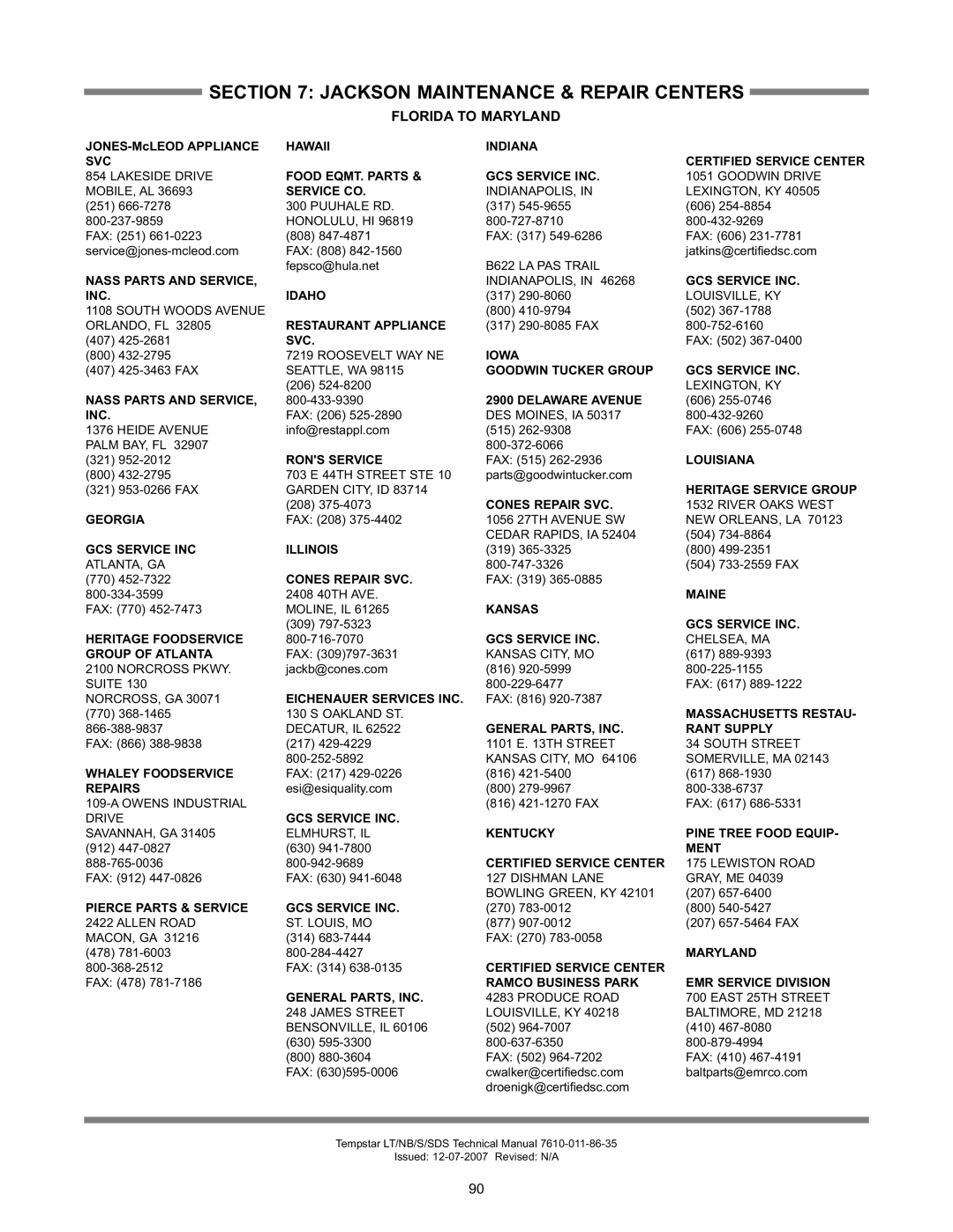 Jackson Tempstar Series technical manual Florida to Maryland, Service CO 