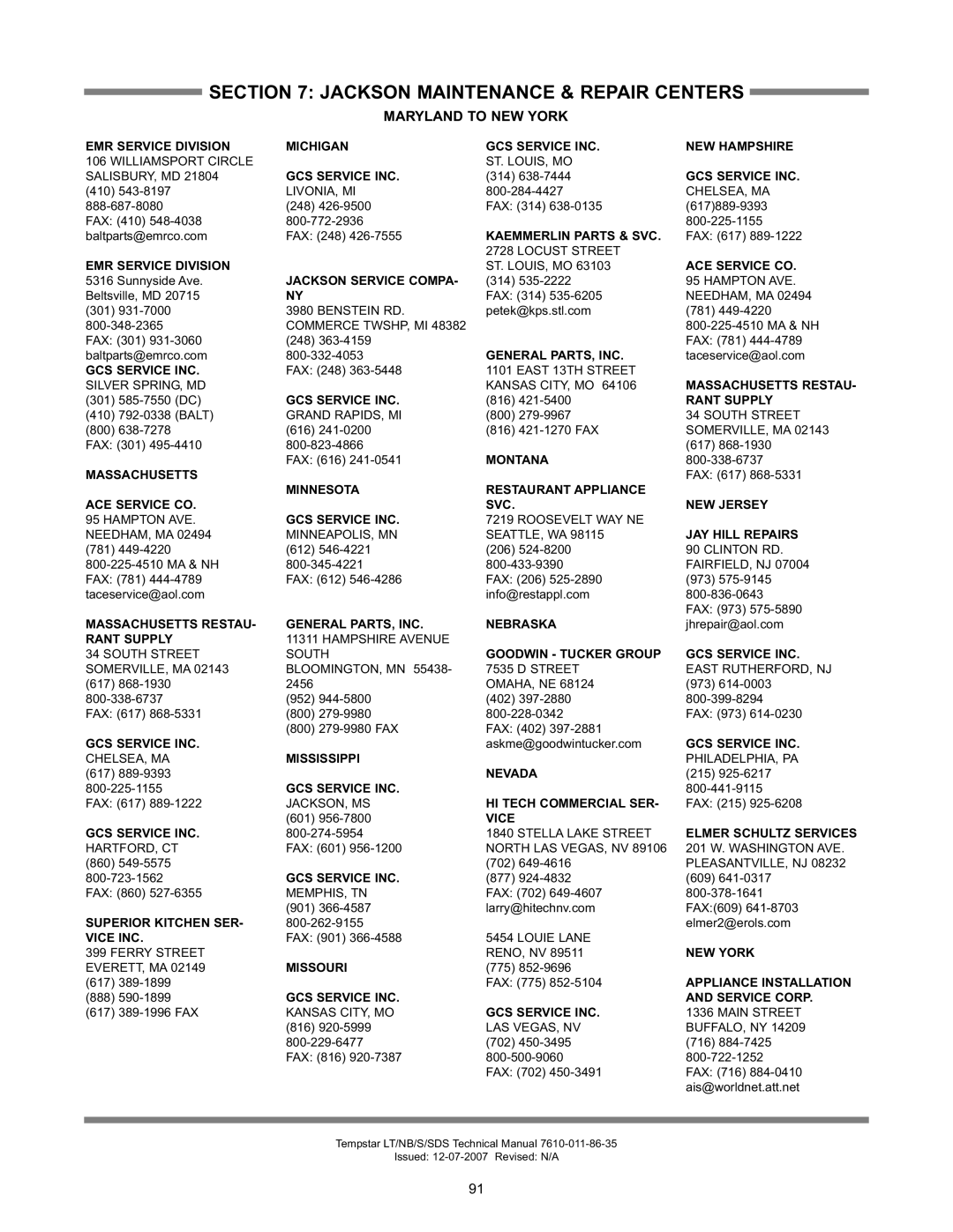 Jackson Tempstar Series technical manual Maryland to NEW York, Jackson Service Compa 