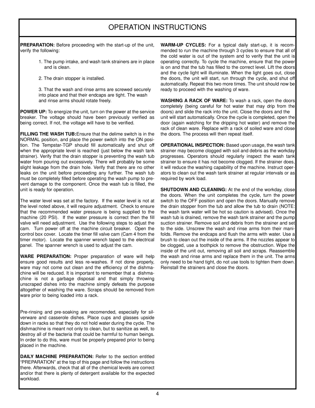 Jackson Tempstar TGP technical manual Operation Instructions 