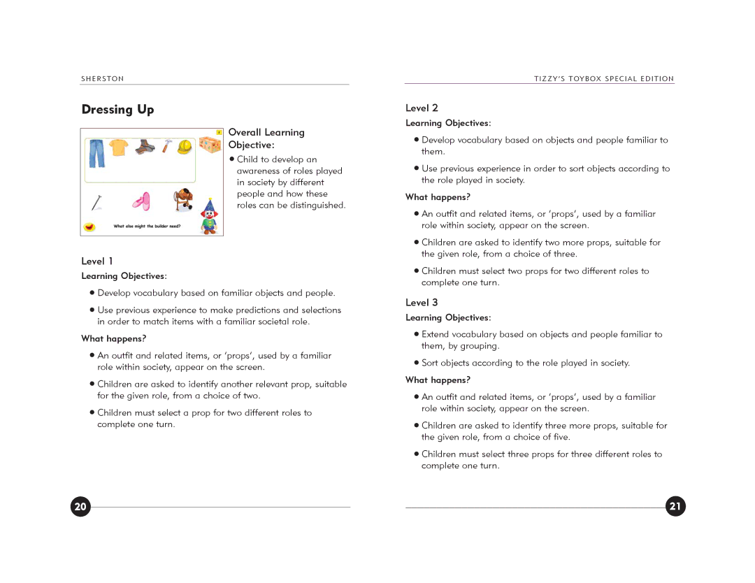 Jackson Tizzy's Toybox manual Dressing Up, Overall Learning Objective 