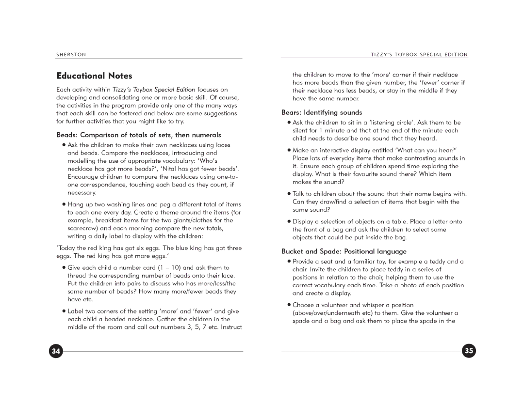 Jackson Tizzy's Toybox Educational Notes, Beads Comparison of totals of sets, then numerals, Bears Identifying sounds 