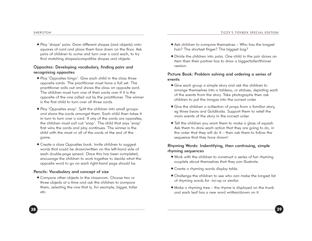 Jackson Tizzy's Toybox manual Pencils Vocabulary and concept of size 