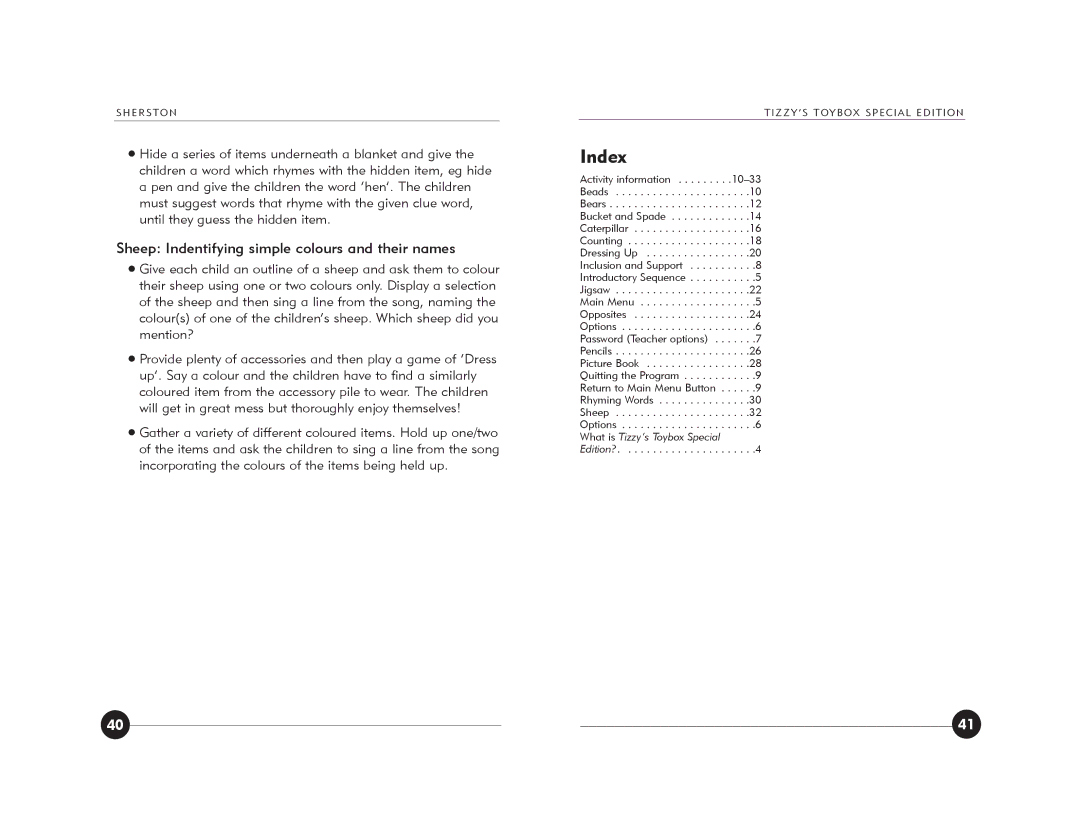 Jackson Tizzy's Toybox manual Index, Sheep Indentifying simple colours and their names 