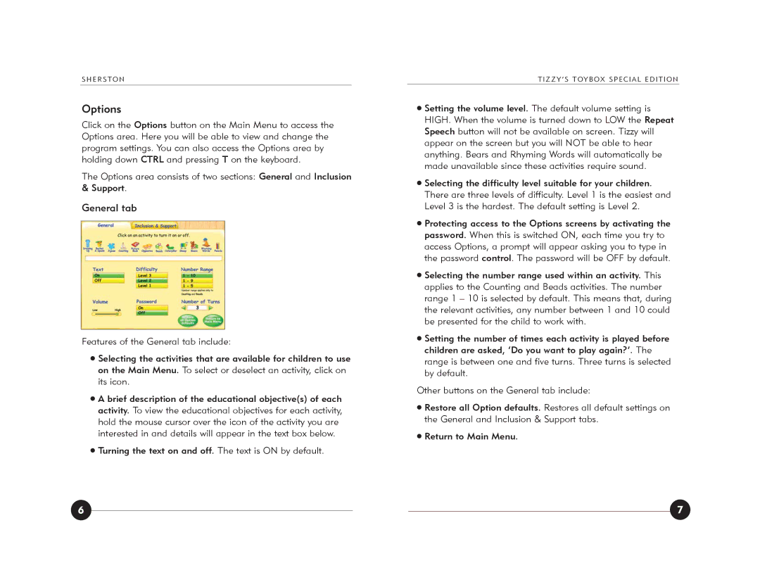 Jackson Tizzy's Toybox manual Options, General tab 