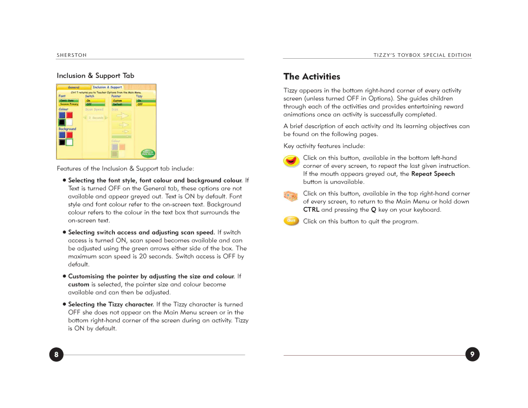 Jackson Tizzy's Toybox manual Activities, Inclusion & Support Tab 