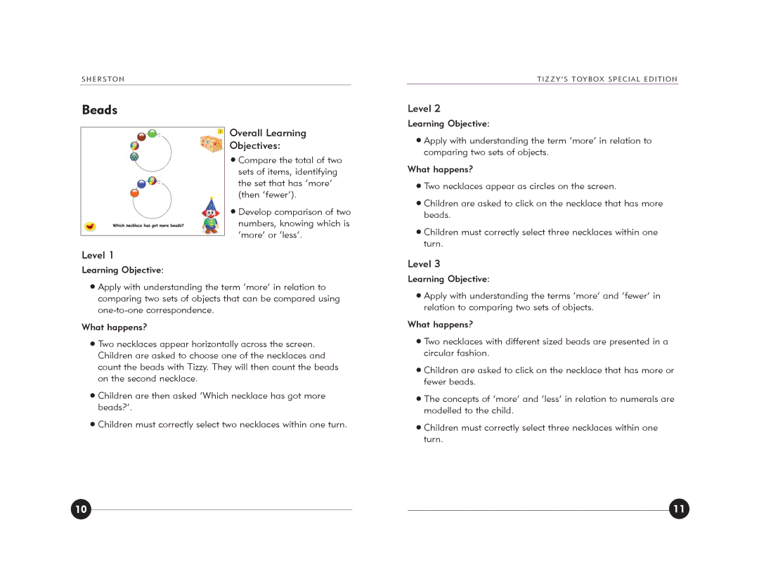 Jackson Tizzy's Toybox manual Beads, Overall Learning Objectives, Level 