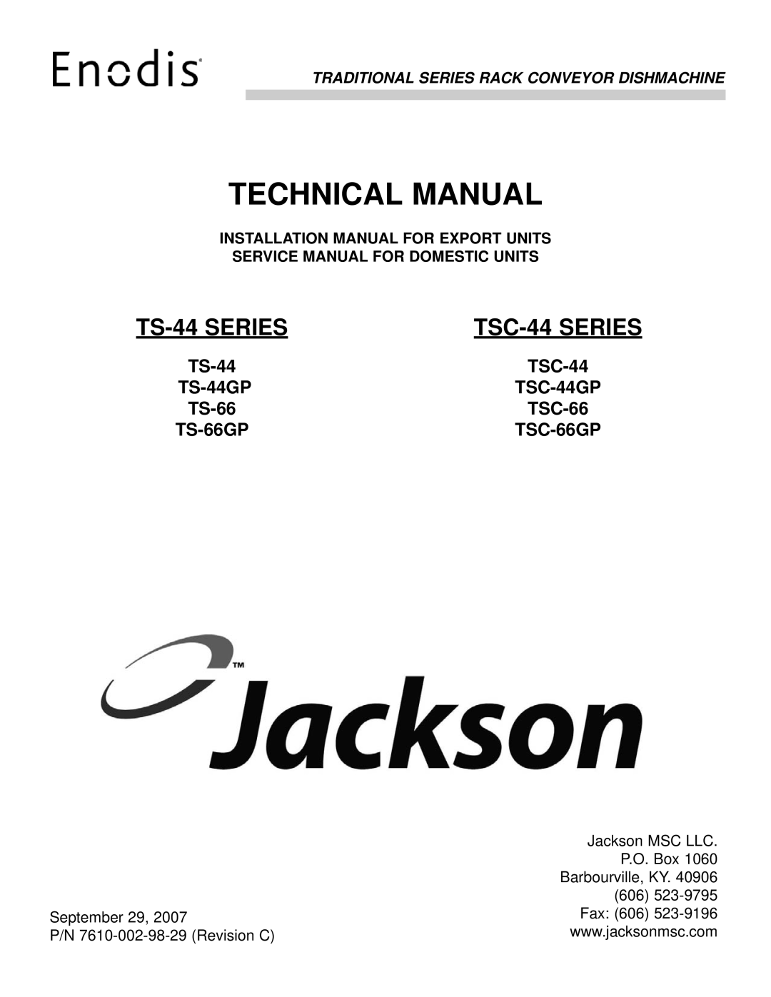 Jackson TS-66G, TSC-44, TSC-66GPP, TS-44 technical manual Technical Manual, Installation Manual for Export Units 