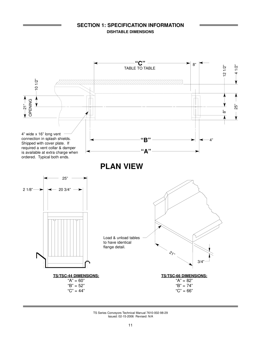 Jackson TS-66G, TSC-66GPP, TSC-44GP, TS-44GP Dishtable Dimensions, TS/TSC-44 Dimensions TS/TSC-66 Dimensions 