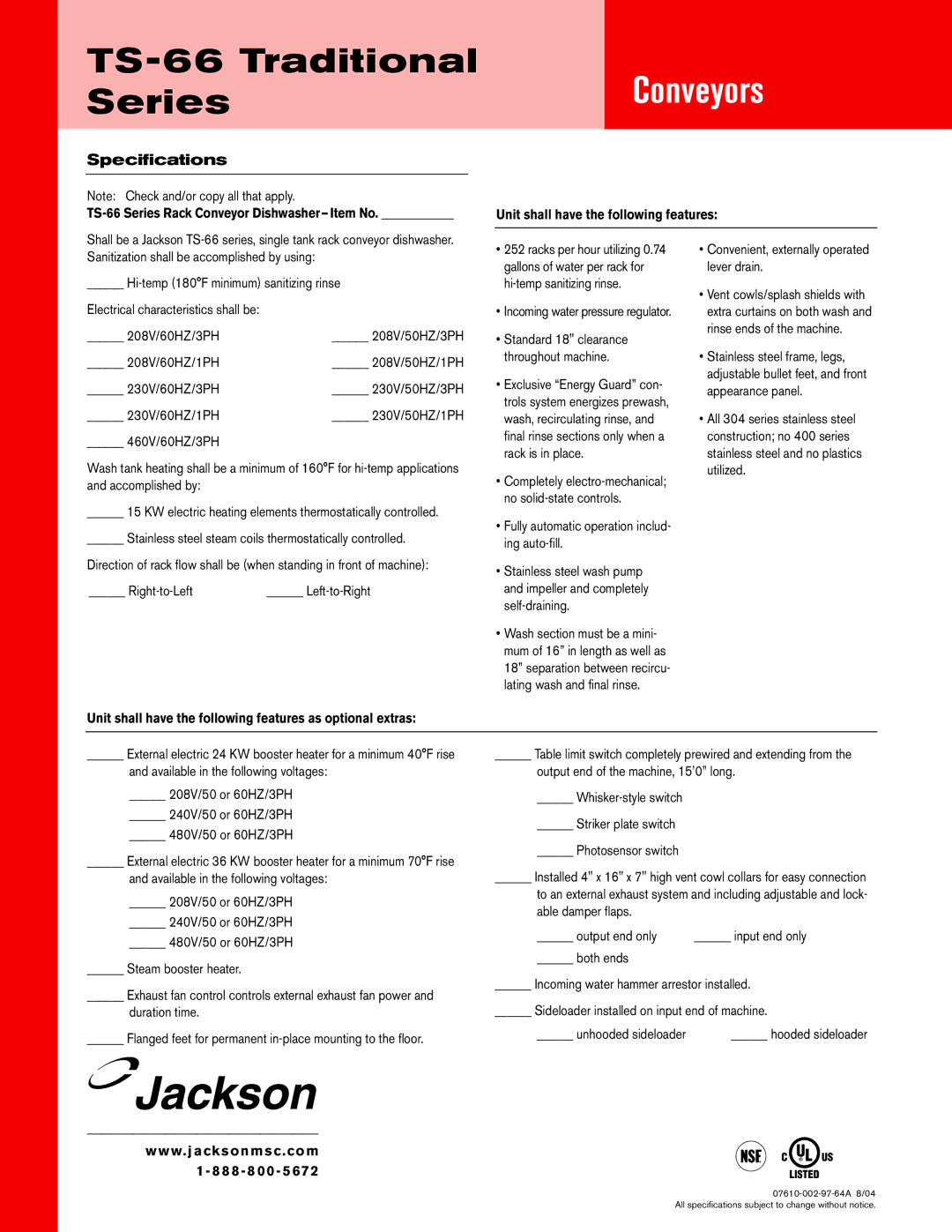 Jackson TS-66 dimensions Unit shall have the following features as optional extras 