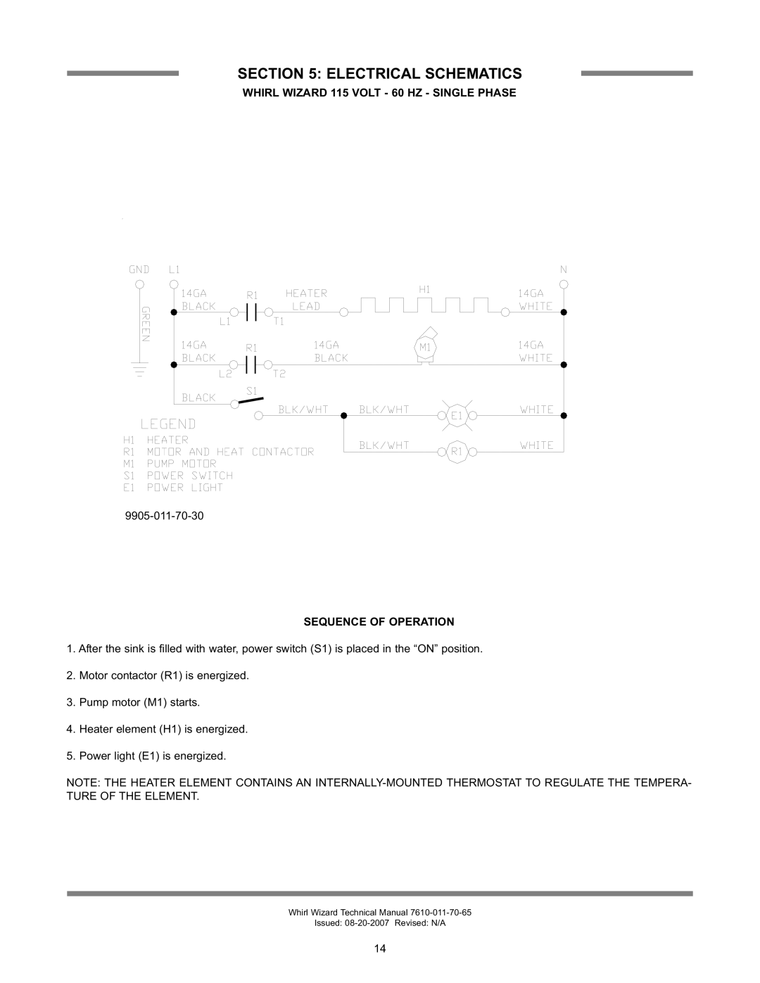 Jackson technical manual Electrical Schematics, Whirl Wizard 115 Volt 60 HZ Single Phase, Sequence of Operation 