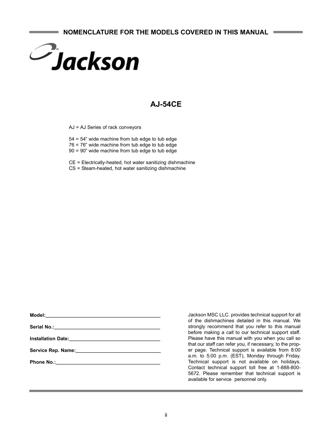 Jackson Whirl Wizard technical manual AJ-54CE, Nomenclature for the Models Covered in this Manual 