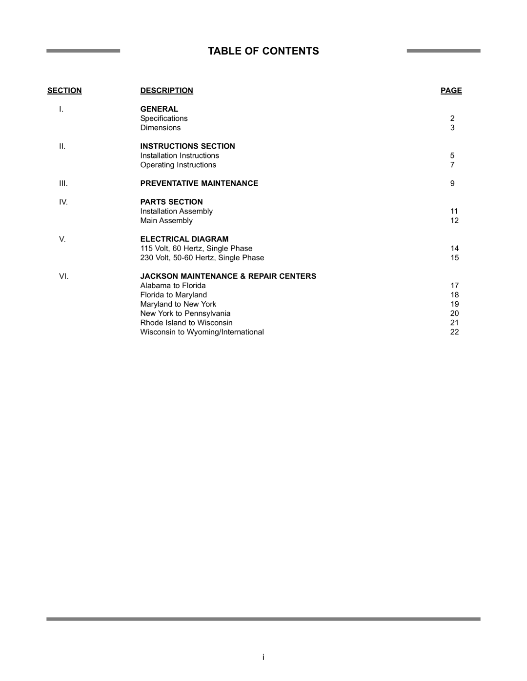 Jackson Whirl Wizard technical manual Table of Contents 