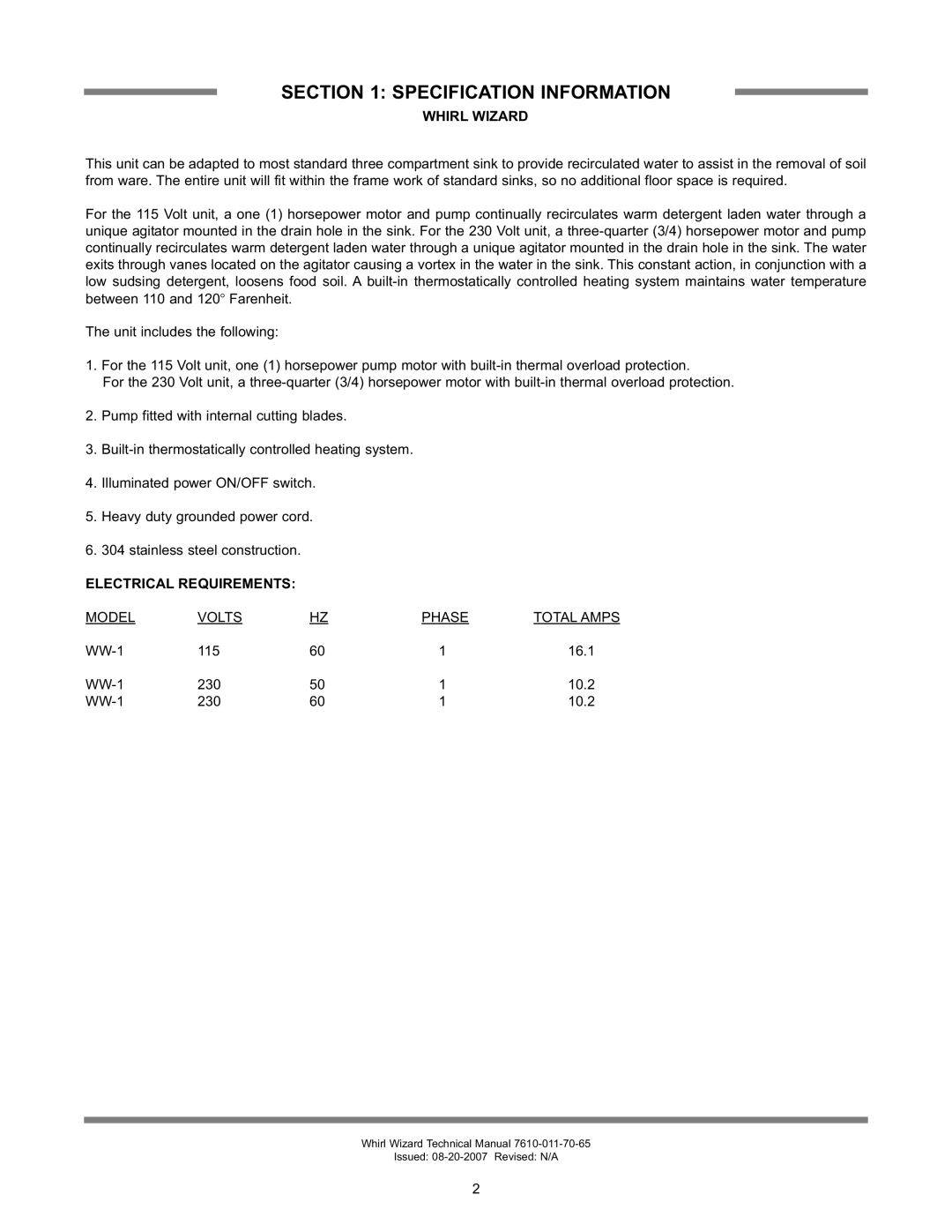 Jackson Whirl Wizard technical manual Specification Information, Electrical Requirements 