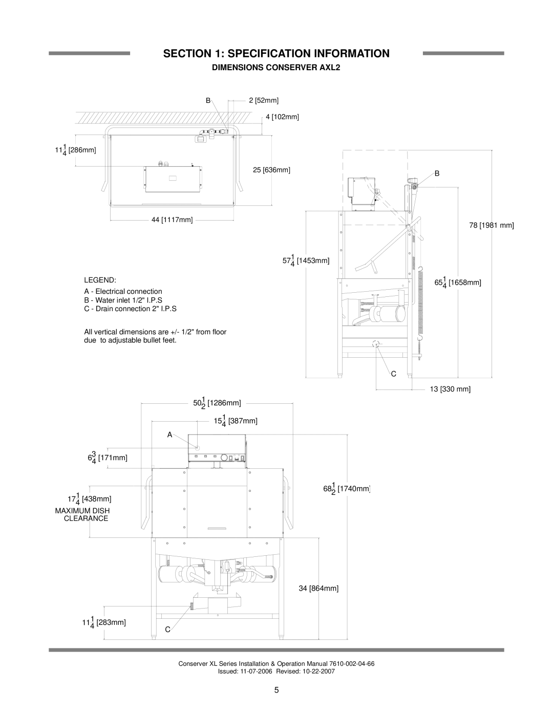 Jackson AXL2-CMR, AXL2-CML technical manual Dimensions Conserver AXL2 