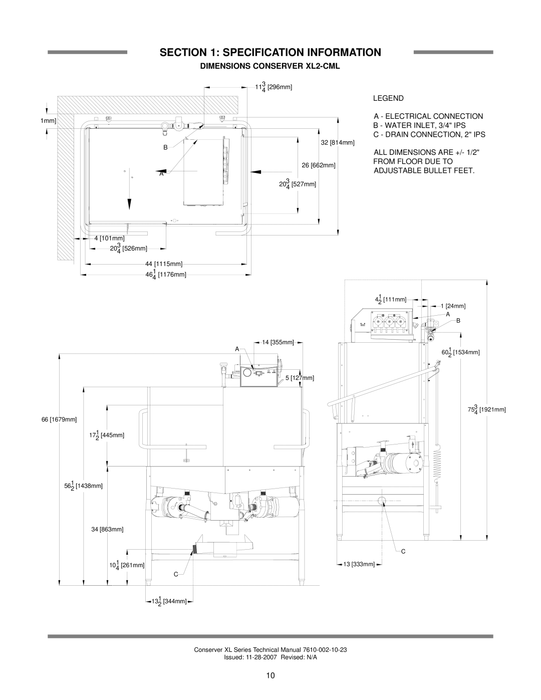 Jackson AXL2-CMR, AXL2-CML technical manual Dimensions Conserver XL2-CML, Adjustable Bullet Feet 