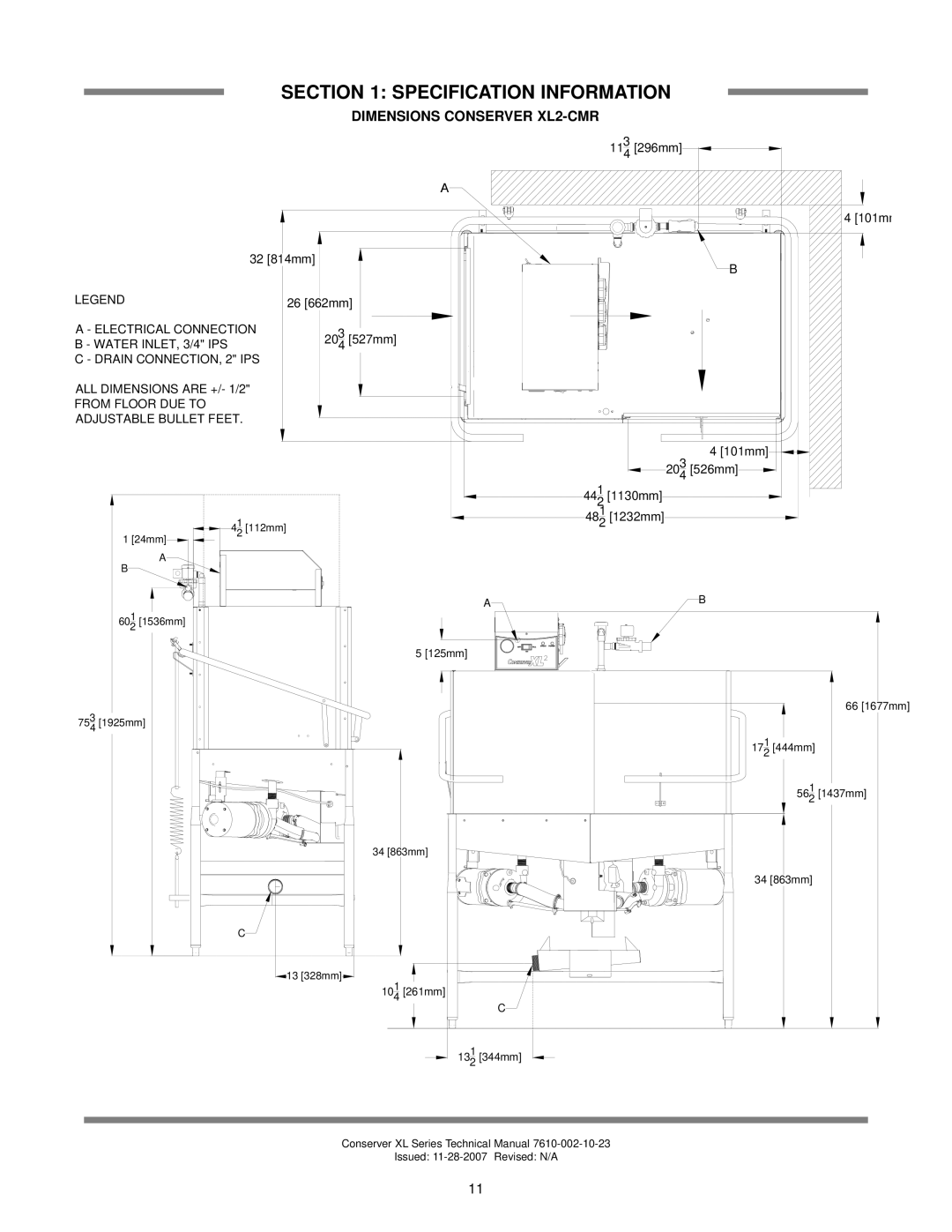 Jackson AXL2-CML, AXL2-CMR technical manual Dimensions Conserver XL2-CMR, 1232mm 