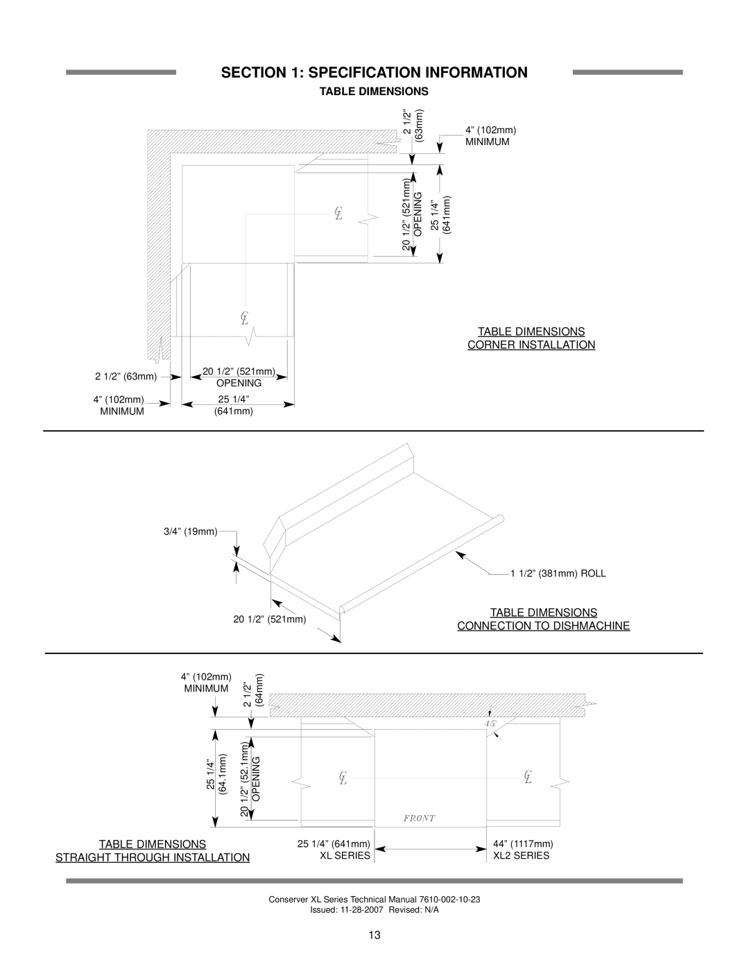 Jackson AXL2-CMR, AXL2-CML technical manual Table Dimensions, Straight Through Installation 