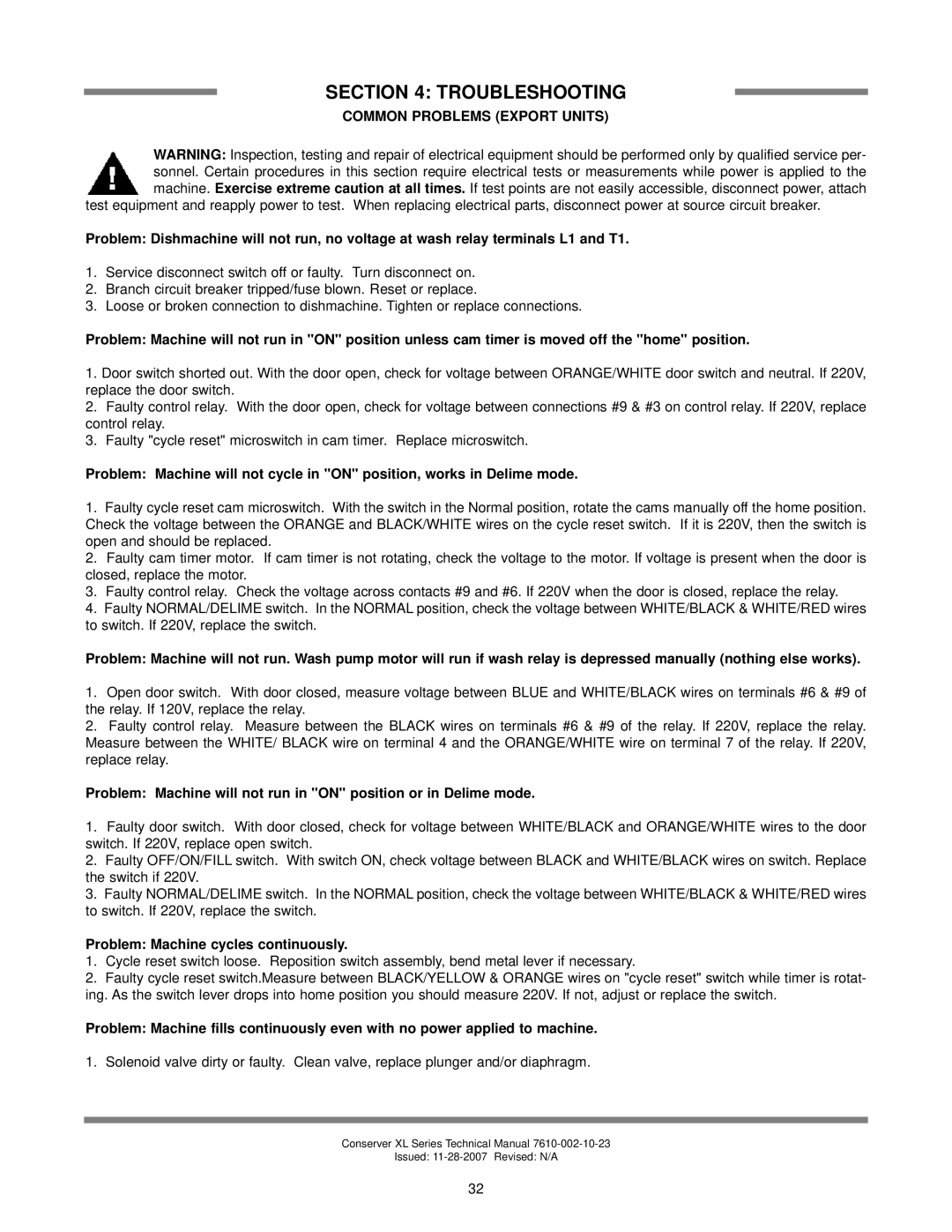 Jackson AXL2-CML, AXL2-CMR technical manual Common Problems Export Units, Problem Machine cycles continuously 