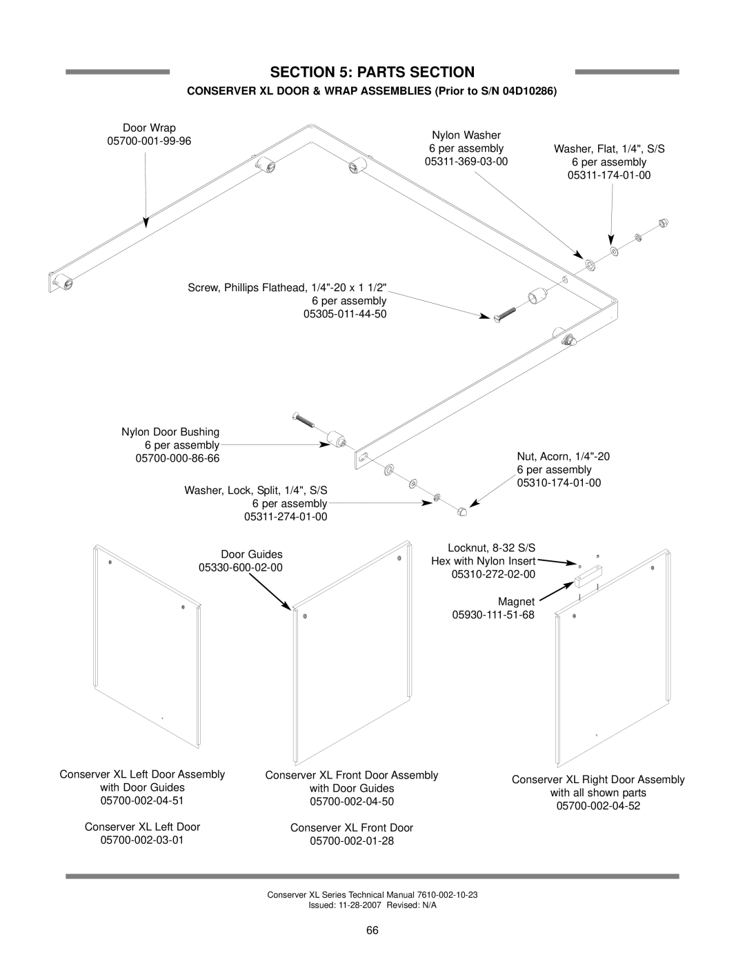 Jackson AXL2-CMR, AXL2-CML technical manual Conserver XL Door & Wrap Assemblies Prior to S/N 04D10286, 05930-111-51-68 