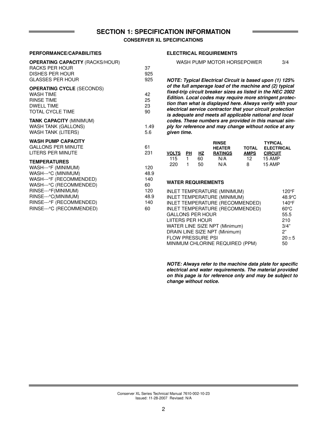 Jackson AXL2-CMR Specification Information, Operating Cycle Seconds Wash Time, Tank Capacity Minimum, Wash Pump Capacity 