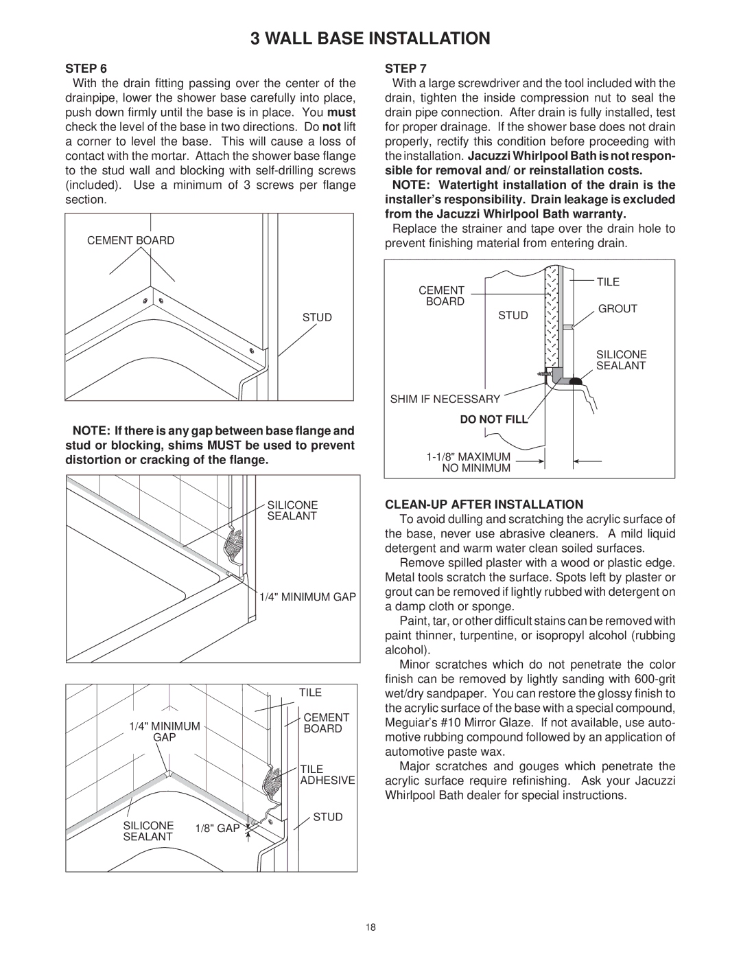 Jacuzzi 2 Wall and 3 Wall manual Cement Board Stud Silicone Sealant Minimum GAP 