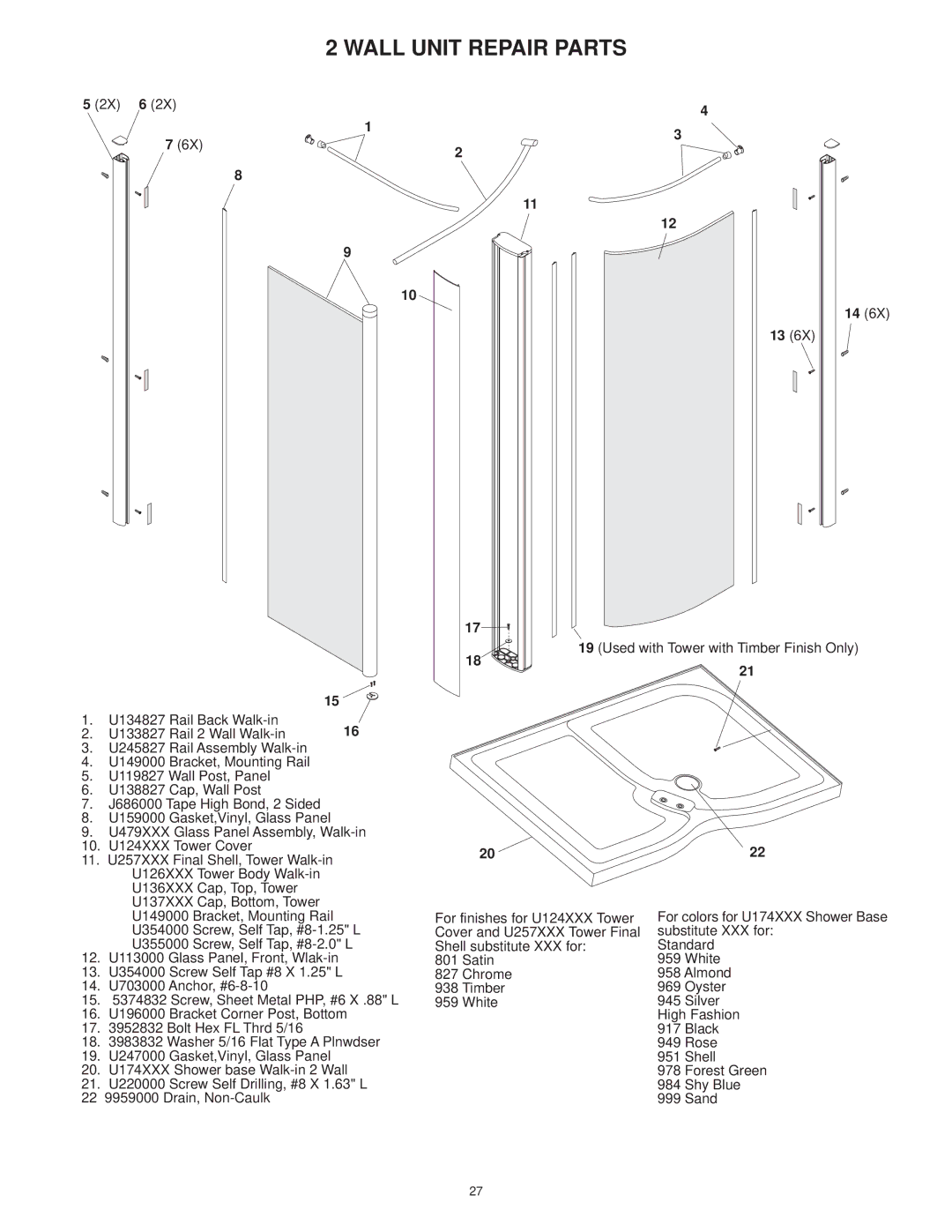 Jacuzzi 2 Wall and 3 Wall manual Wall Unit Repair Parts 