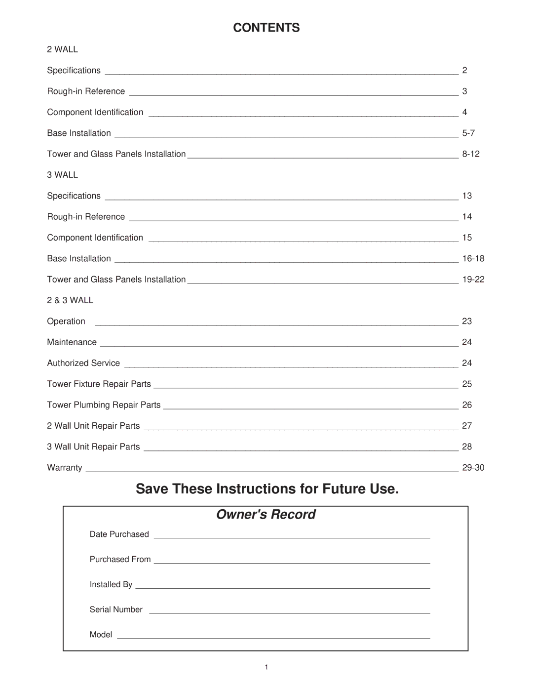 Jacuzzi 2 Wall and 3 Wall manual Save These Instructions for Future Use, Contents 