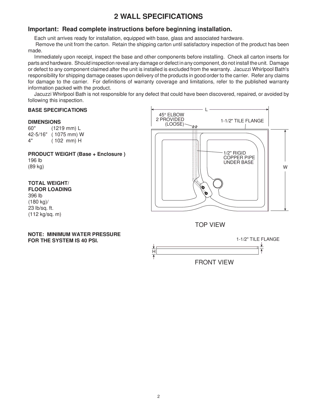 Jacuzzi 2 Wall and 3 Wall manual Wall Specifications, Total Weight Floor Loading 