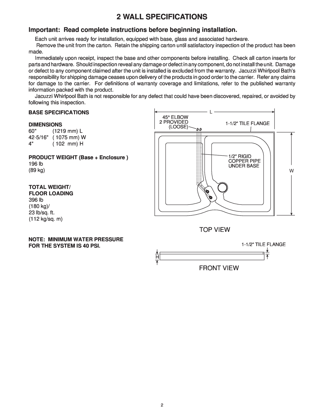 Jacuzzi 2 Wall and 3 Wall manual Wall Specifications, Important Read complete instructions before beginning installation 