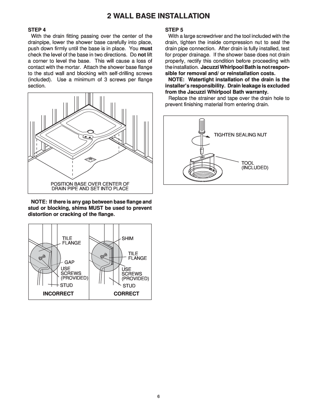 Jacuzzi 2 Wall and 3 Wall manual Incorrect, Correct, Wall Base Installation, Step 