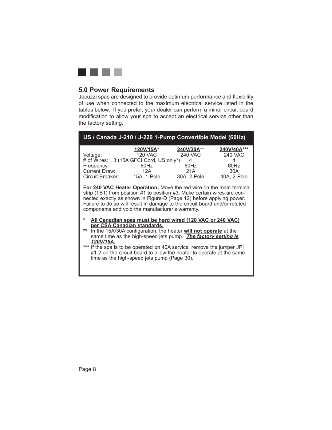 Jacuzzi 200 Series manual 3RZHU5HTXLUHPHQWV, 3DJH 