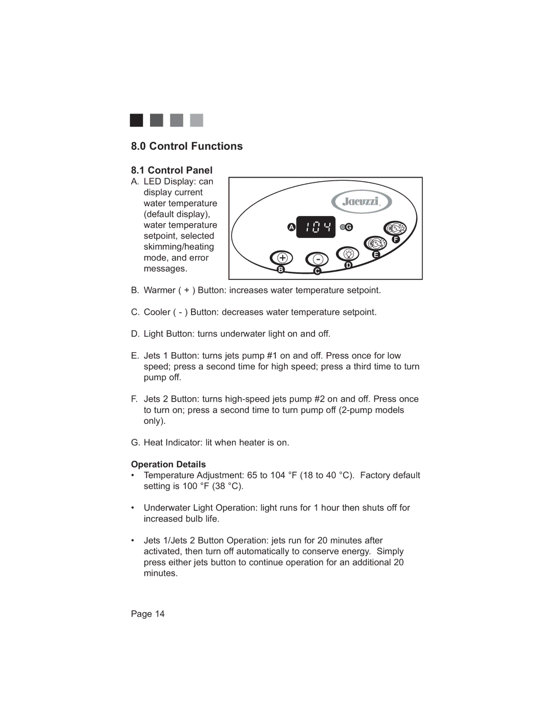 Jacuzzi 200 Series manual &RqwuroXqfwlrqv, &RQWURO3DQHO,  SxpsRii, +Hdw,QglfdwruOlwZkhqKhdwhuLvRq 