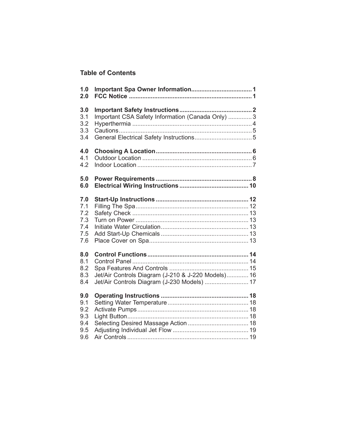 Jacuzzi 200 Series manual 7DEOHRI&RQWHQWV 