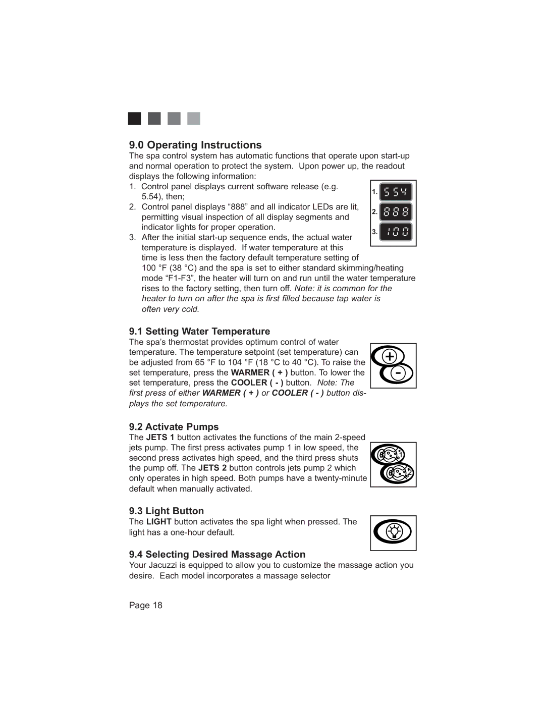 Jacuzzi 200 Series manual 2SHUDWLQJ,QVWUXFWLRQV, 6HWWLQJDWHU7HPSHUDWXUH, $FWLYDWH3XPSV, /Ljkw%Xwwrq 