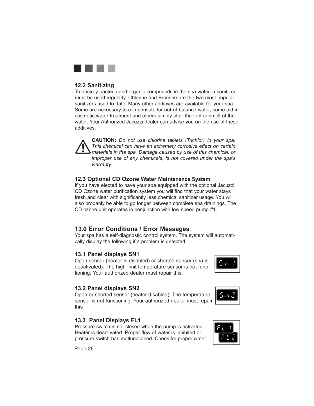 Jacuzzi 200 Series UURU&RQGLWLRQVUURU0HVVDJHV, 6DQLWLLQJ, 2SWLRQDO&2RQHDWHU0DLQWHQDQFH6\VWHP 