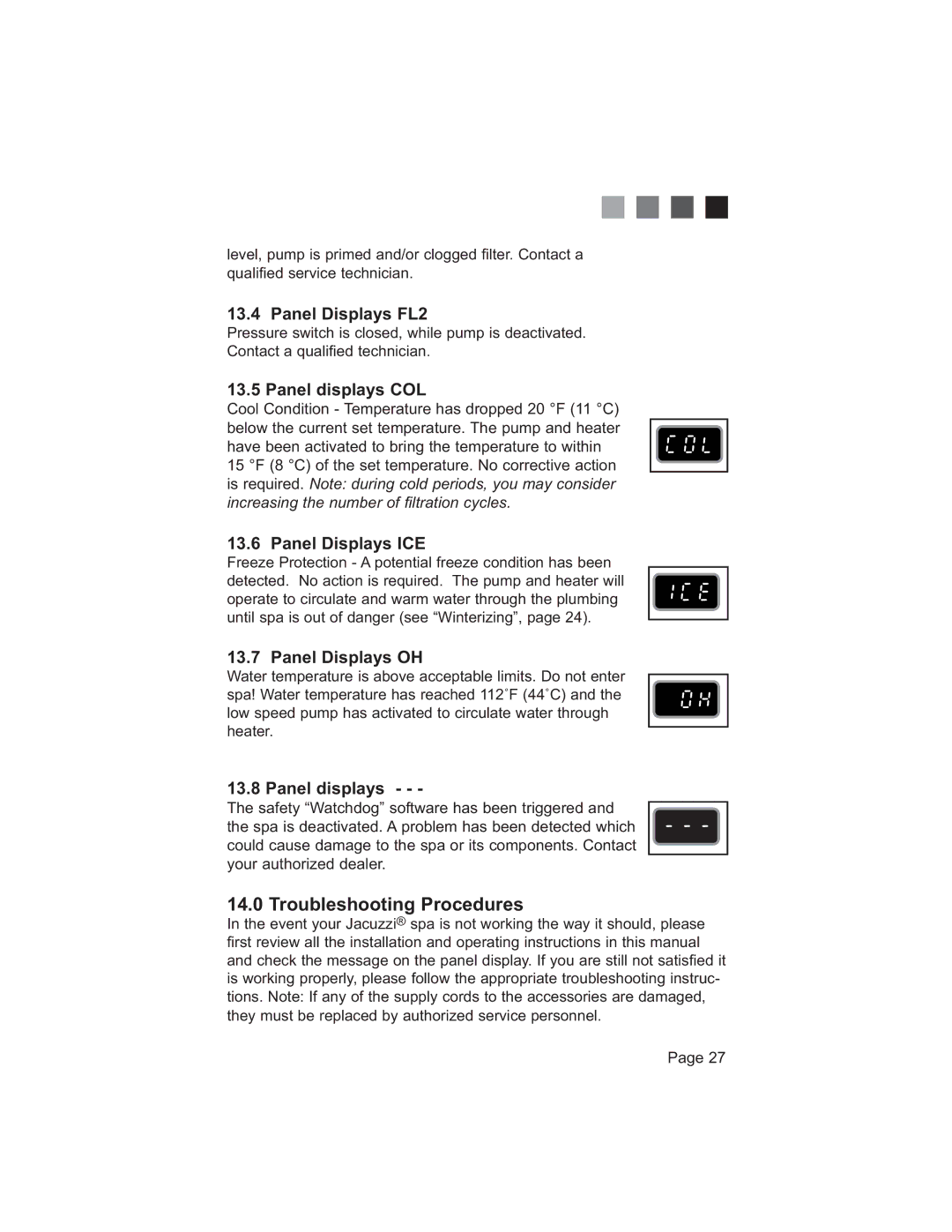 Jacuzzi 200 Series manual 7URXEOHVKRRWLQJ3URFHGXUHV 