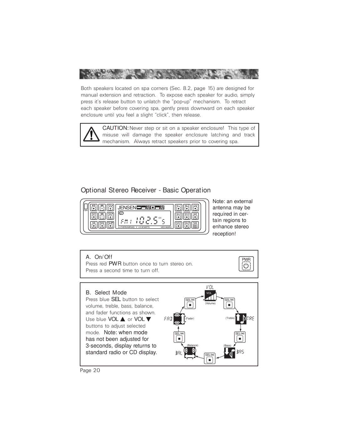 Jacuzzi 2003+ owner manual Optional Stereo Receiver Basic Operation, Select Mode 