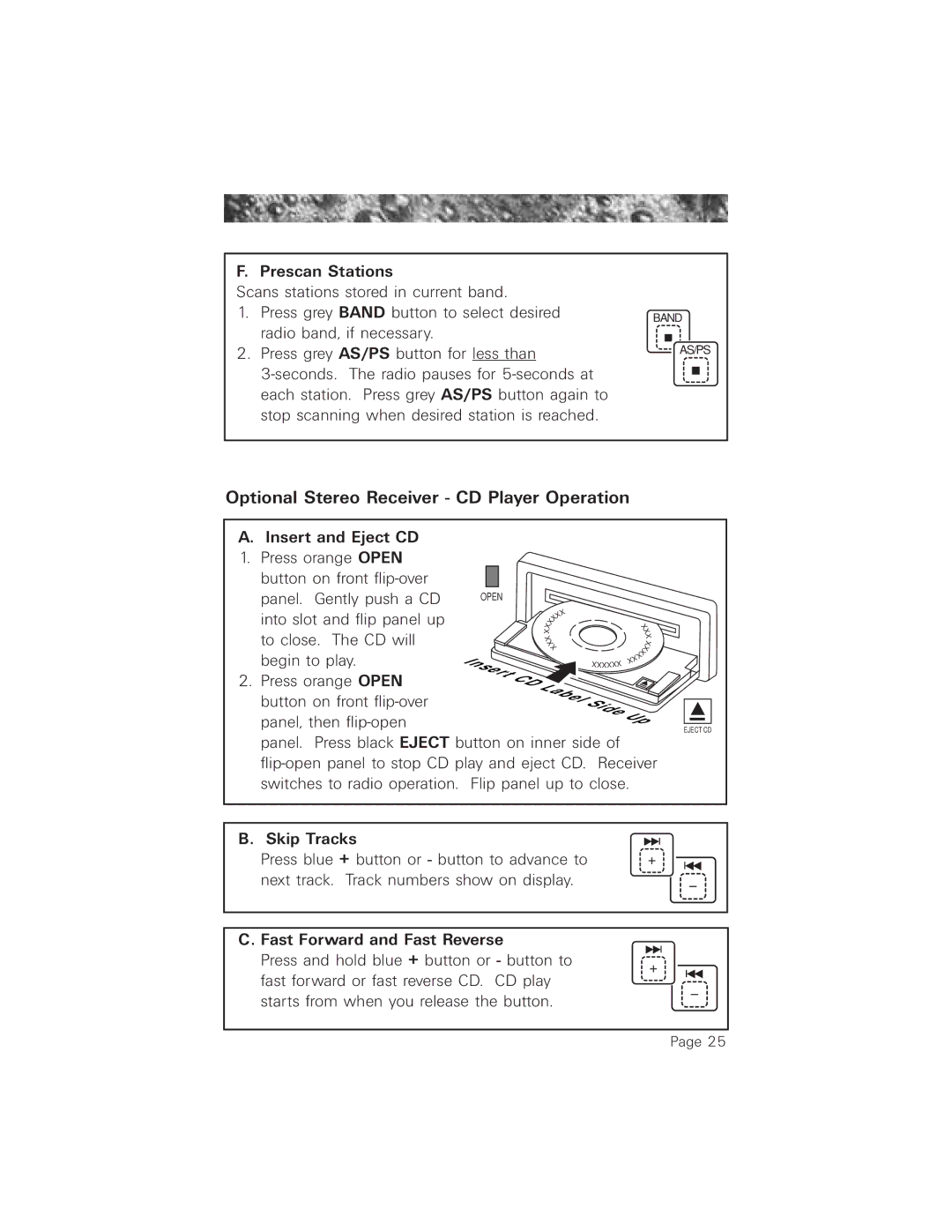 Jacuzzi 2003+ Optional Stereo Receiver CD Player Operation, Prescan Stations, Skip Tracks, Fast Forward and Fast Reverse 