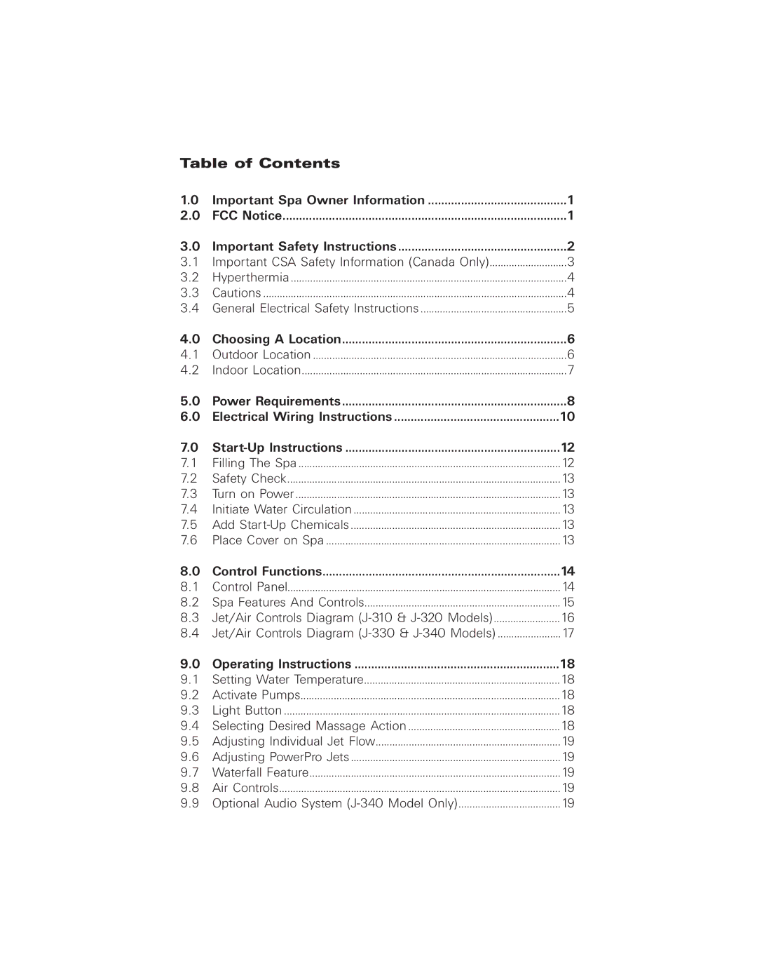 Jacuzzi 2003+ owner manual Table of Contents 