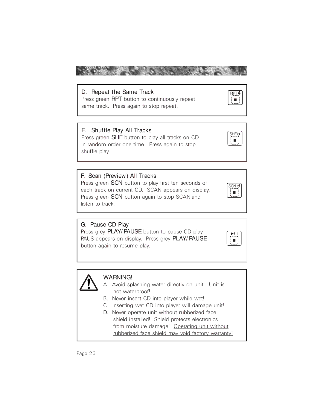 Jacuzzi 2003+ owner manual Repeat the Same Track, Shuffle Play All Tracks, Scan Preview All Tracks, Pause CD Play 