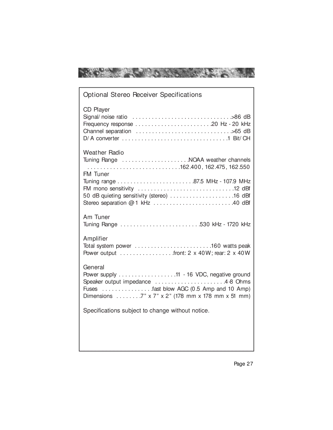 Jacuzzi 2003+ owner manual Optional Stereo Receiver Specifications 