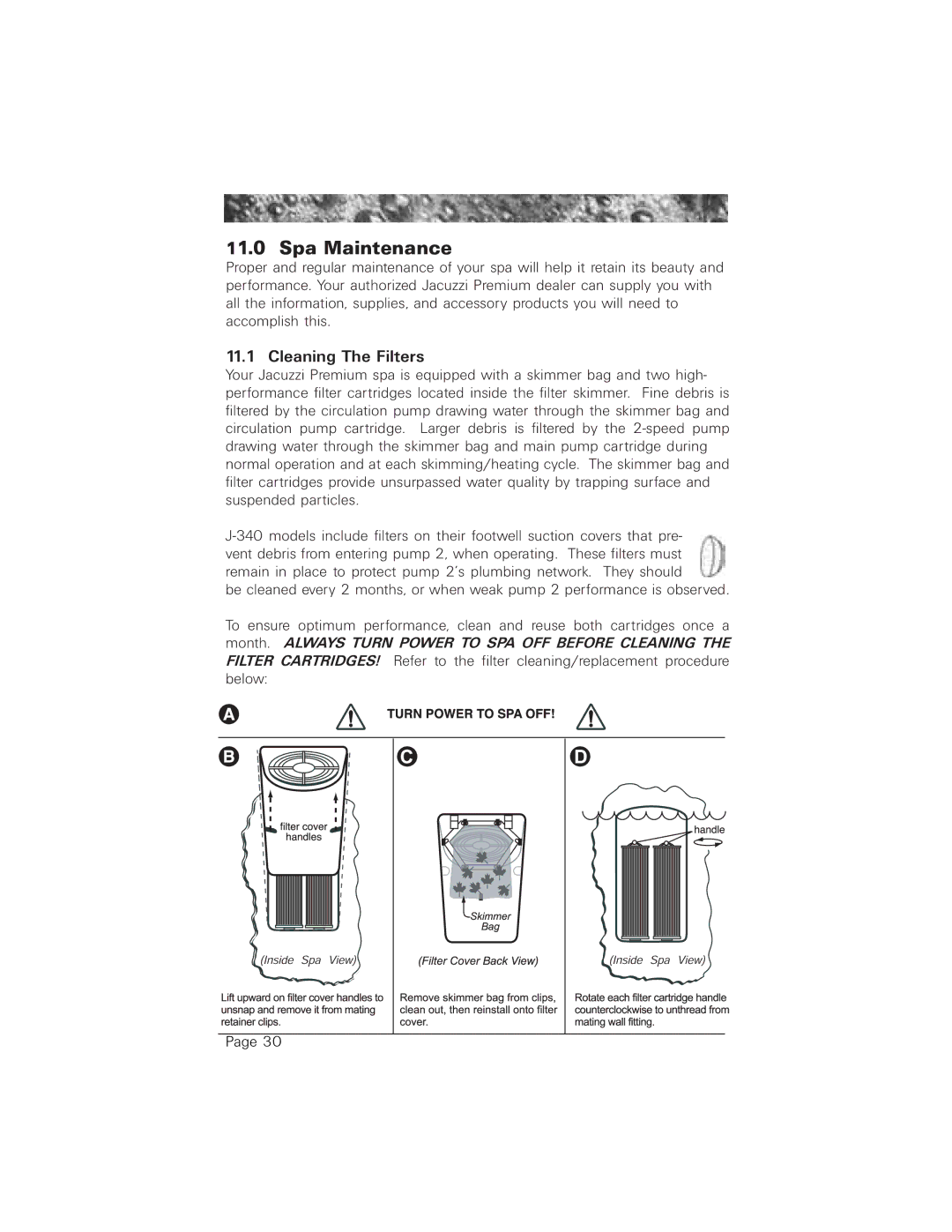 Jacuzzi 2003+ owner manual Spa Maintenance, Cleaning The Filters 