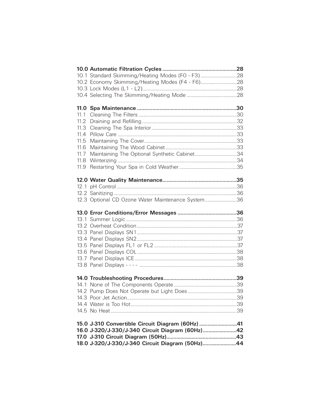 Jacuzzi 2003+ owner manual 10.0, 11.0, 12.0, 13.0, 14.0, 15.0, 16.0, 17.0, 18.0 