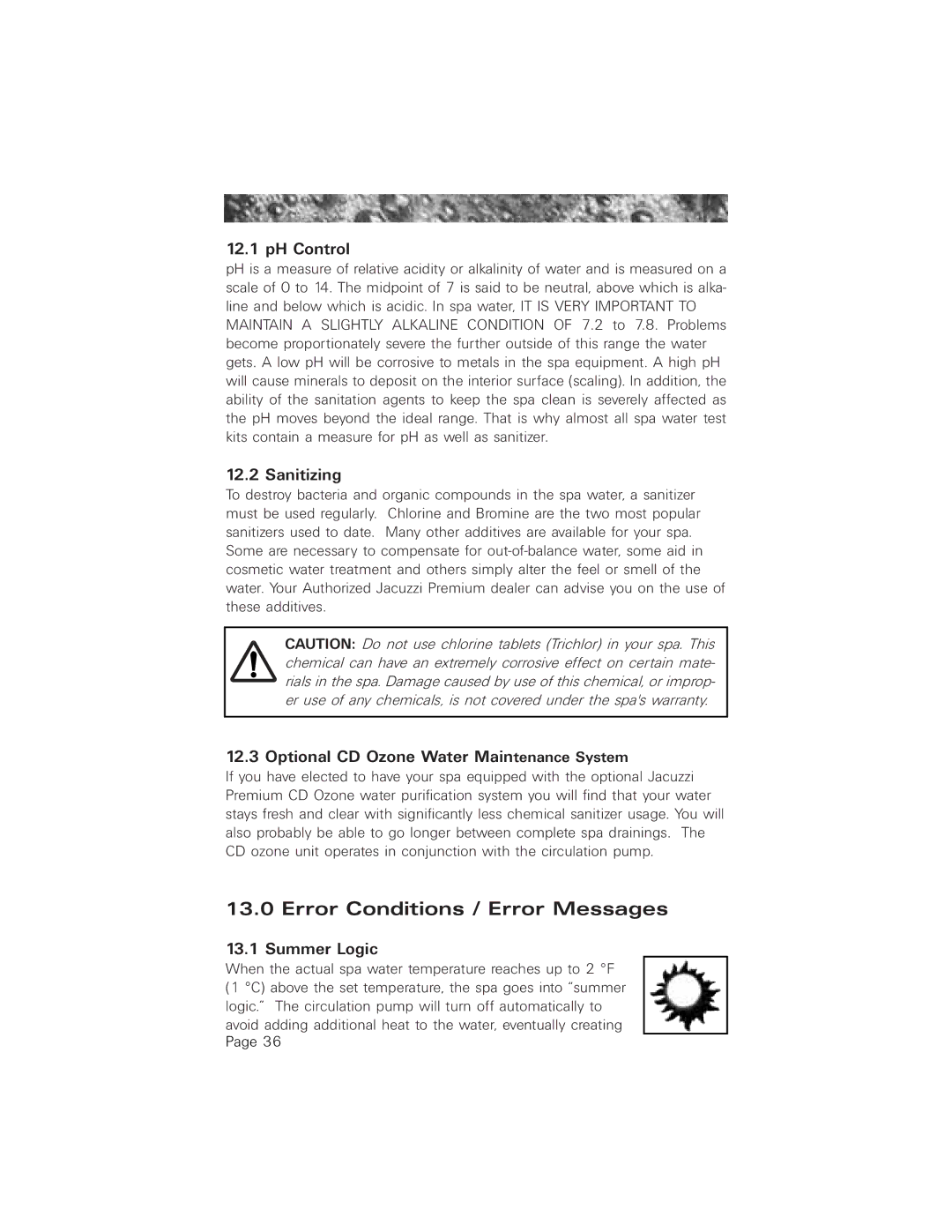 Jacuzzi 2003+ Error Conditions / Error Messages, PH Control, Sanitizing, Optional CD Ozone Water Maintenance System 