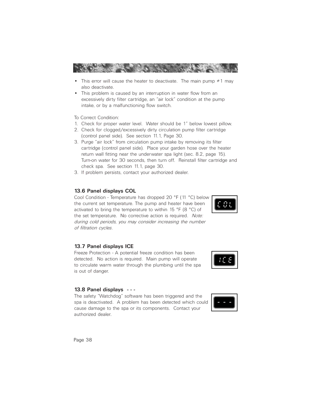 Jacuzzi 2003+ owner manual Panel displays COL, Panel displays ICE 